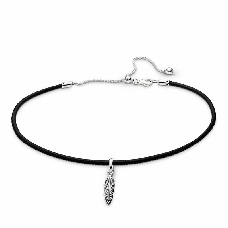 Pandora Black Leather Choker Necklace & Feather Pendant Silver Egypt TQ5621497